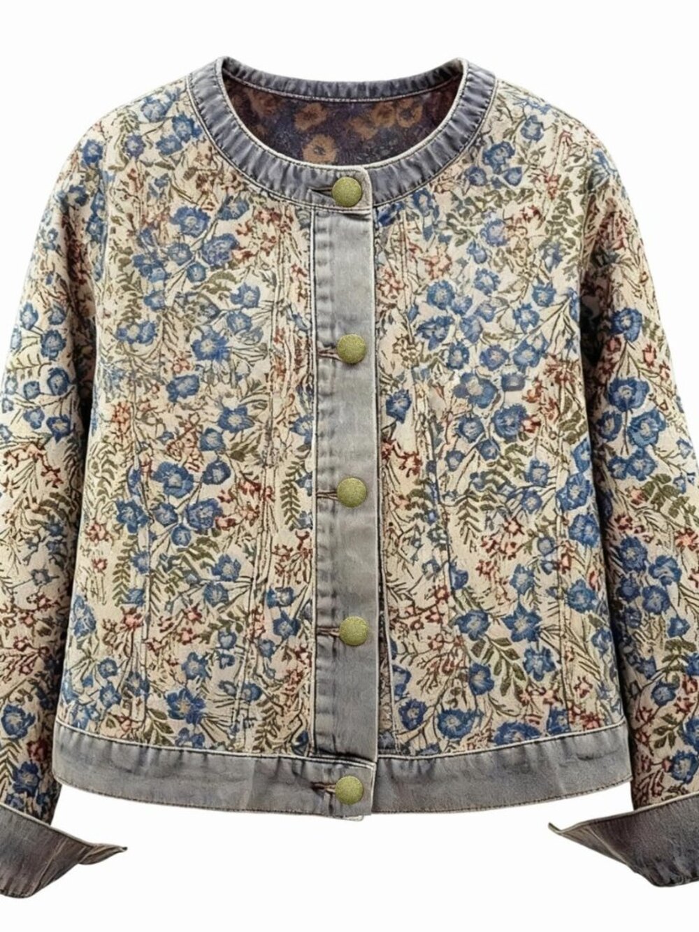 Women's Denim Bomber Jacket Long Sleeve Round Neck Jacquard Jean Coat Vintage